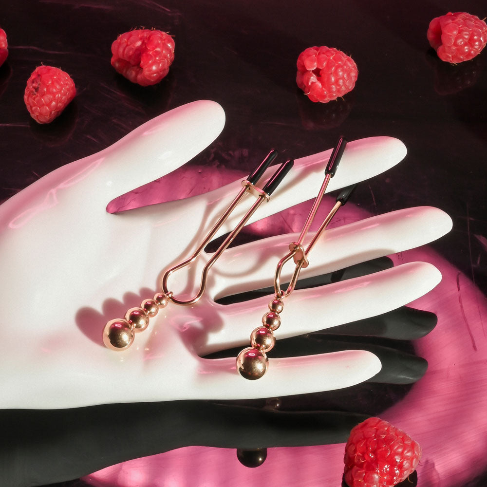 Selopa Nipple Clamps with Hanging Beads - Rose Gold