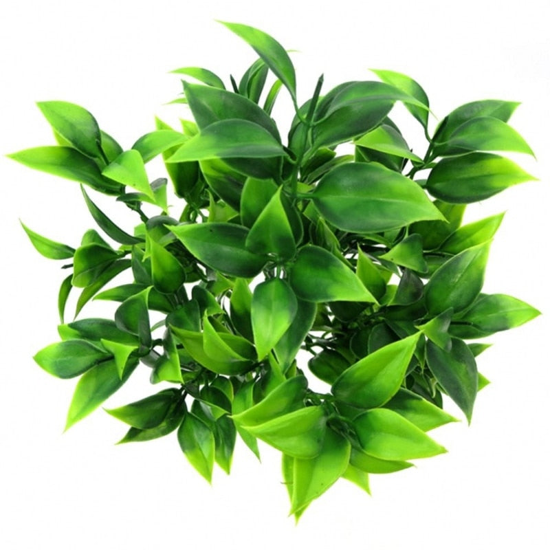 Green medium sized artificial plant 7 forks of foliage with approx. 35 leaves.