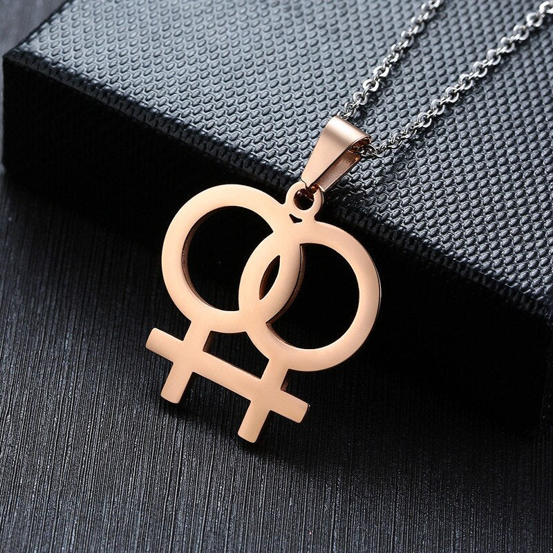 Necklace LGBT Pride twin Venus symbol in Gold, Silver or Rose.