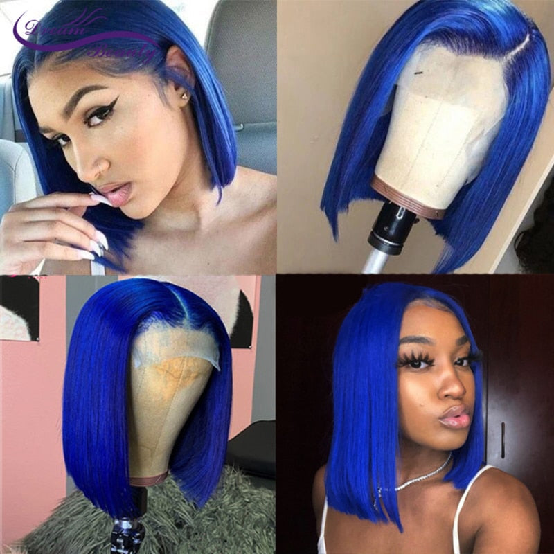 Remy Lace front wig, Blue or Red, straight, short. Centre part.