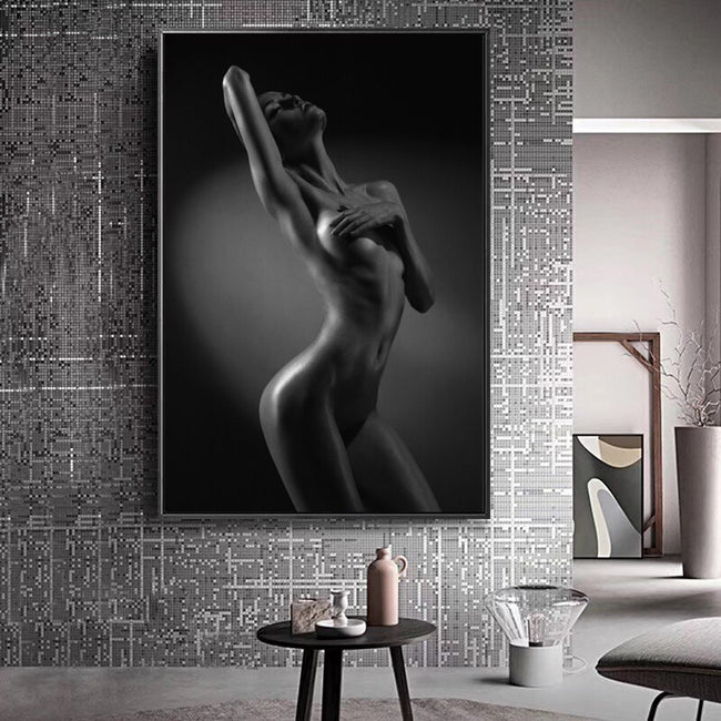 Beautiful slim woman shrouding breasts. Printed on quality art paper.