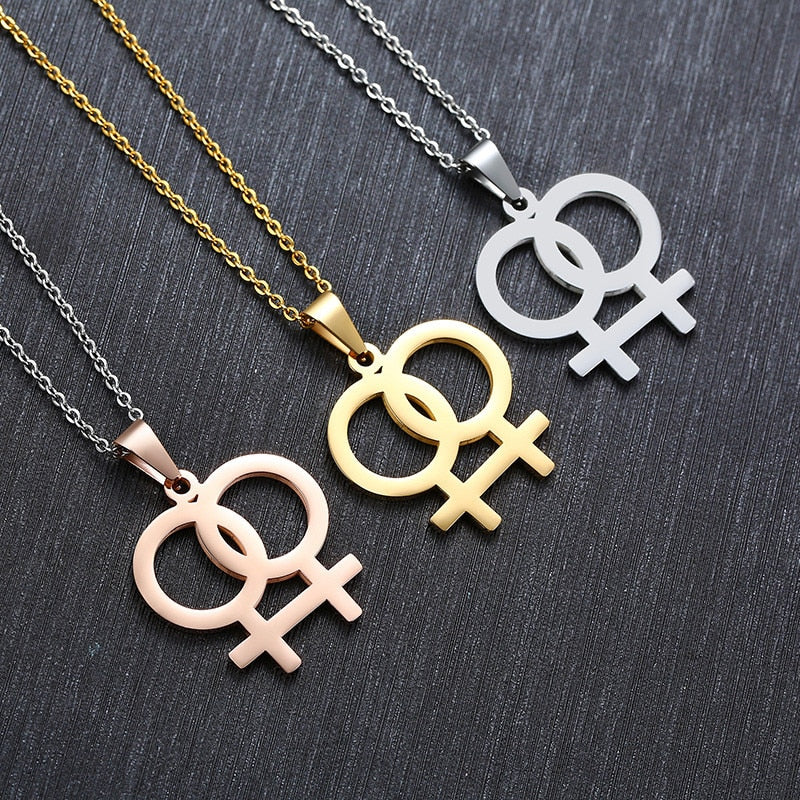 Necklace LGBT Pride twin Venus symbol in Gold, Silver or Rose.
