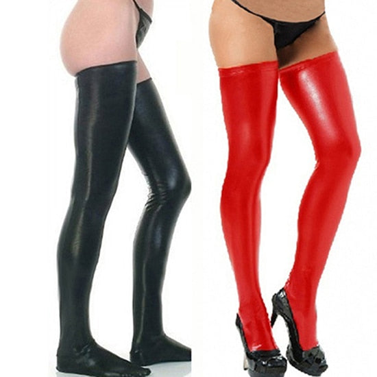 Latex thigh high stockings. In red or black. One size fits all design.
