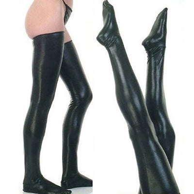 Latex thigh high stockings. In red or black. One size fits all design.