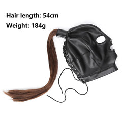 Leather bondage hood with removable hair incl. chest belt with collar