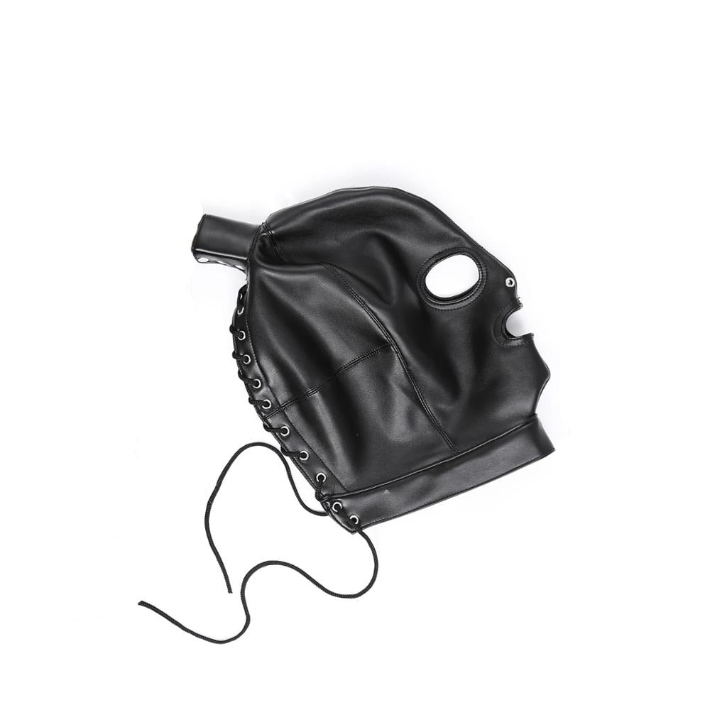Leather bondage hood with removable hair incl. chest belt with collar