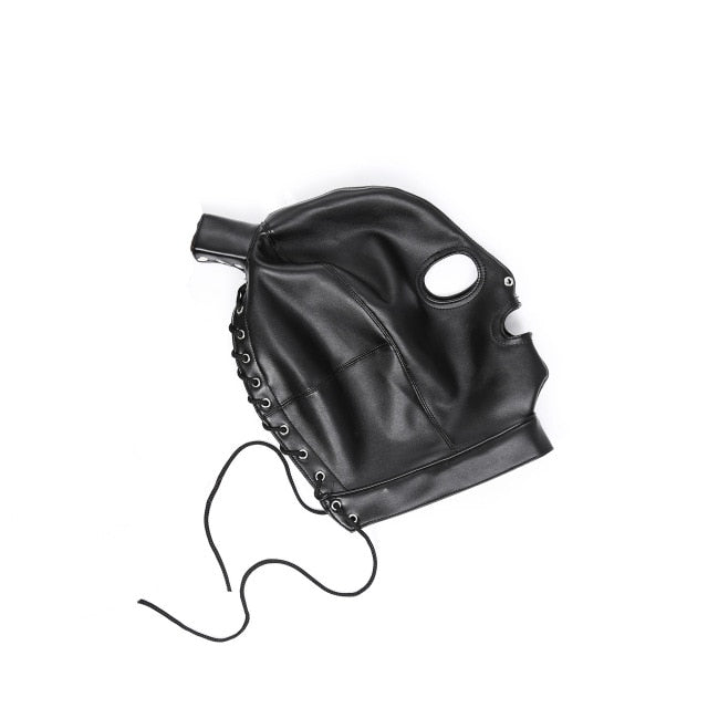 Leather bondage hood with removable hair incl. chest belt with collar