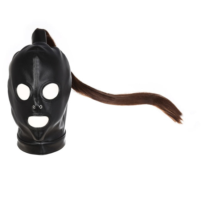 Leather bondage hood with removable hair incl. chest belt with collar
