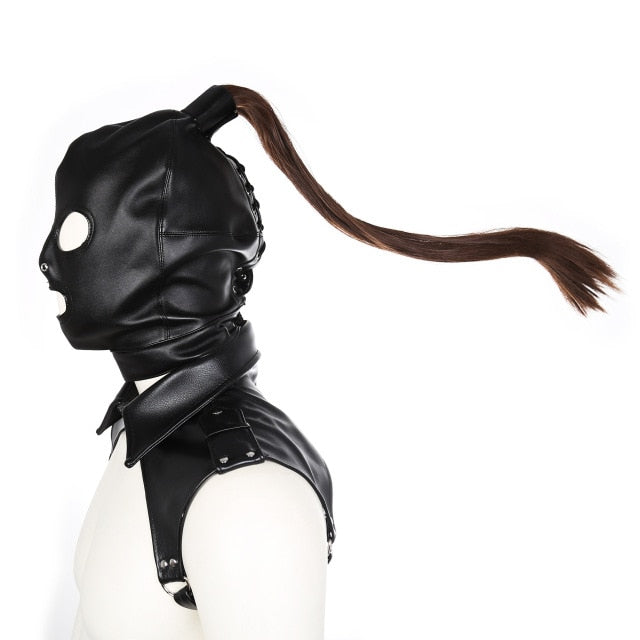 Leather bondage hood with removable hair incl. chest belt with collar