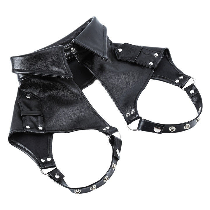 Leather bondage hood with removable hair incl. chest belt with collar