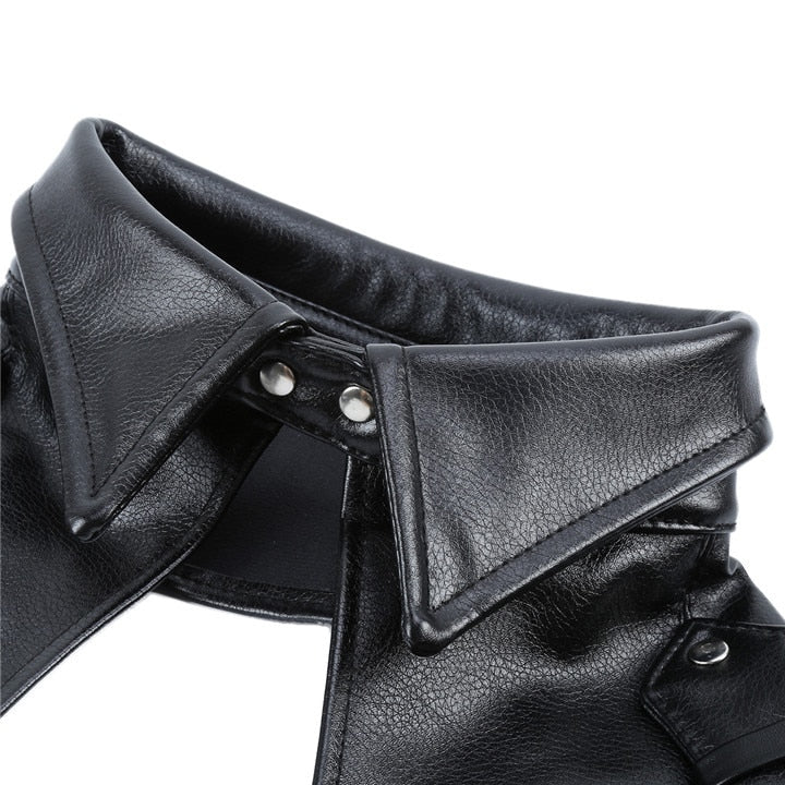 Leather bondage hood with removable hair incl. chest belt with collar