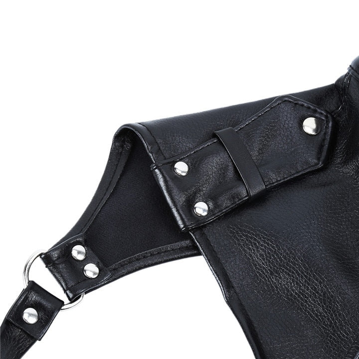 Leather bondage hood with removable hair incl. chest belt with collar